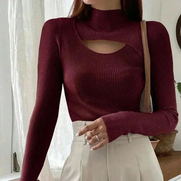 Burgundy Casual Women's Hollow Out Half Turtle Neck Sweater - Picture 4 of 5